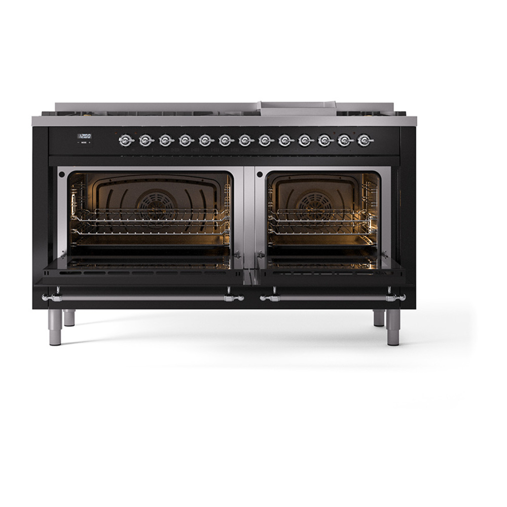 Nostalgie II 60 UP60FQNMPBKC Freestanding Dual Fuel Range with 9 Sealed Burners with Griddle Double Oven with Solid Door with Chrome knobs UP60FQNMPBKCLP