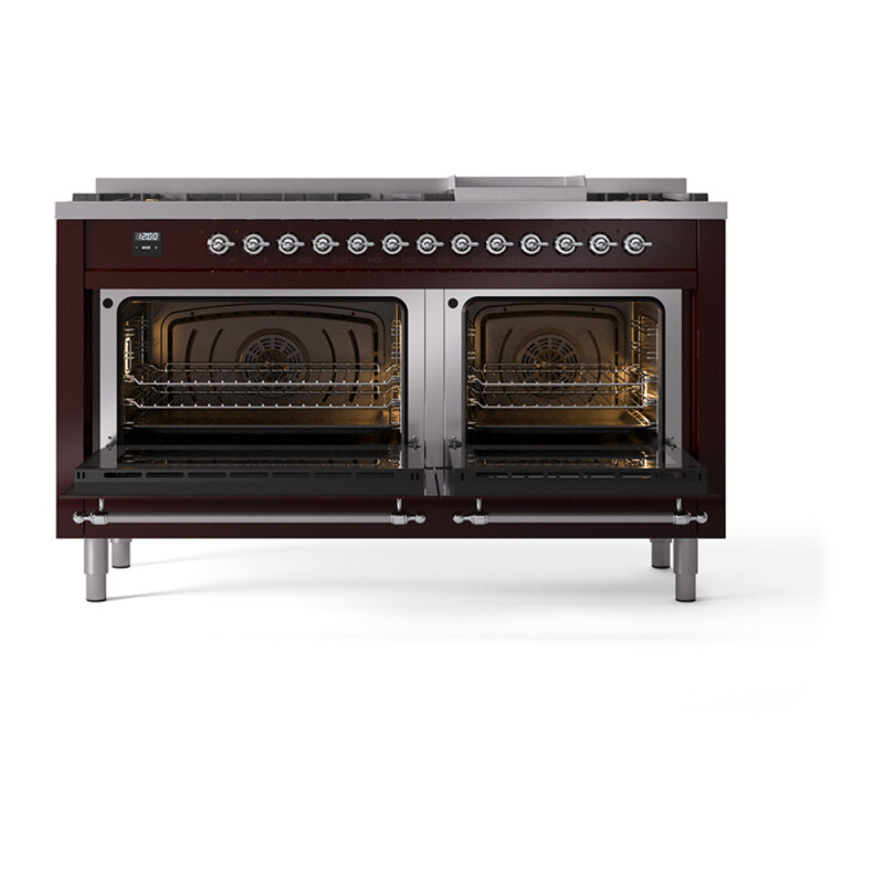 Nostalgie II 60 UP60FQNMPBUC Freestanding Dual Fuel Range with 9 Sealed Burners with Griddle Double Oven with Solid Door with Chrome knobs UP60FQNMPBUCLP