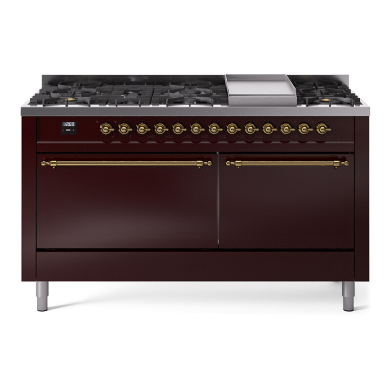 Nostalgie II 60 UP60FQNMPBUG Freestanding Dual Fuel Range with 9 Sealed Burners with Griddle Double Oven with Solid Door with Brass knobs UP60FQNMPBUGLP