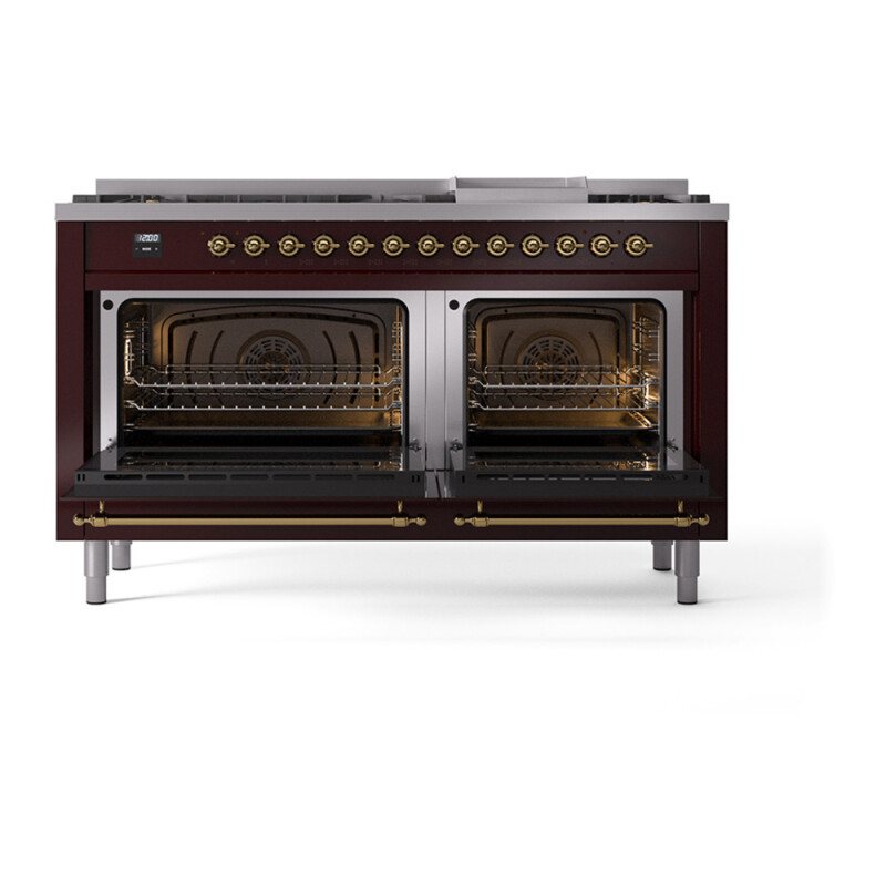 Nostalgie II 60 UP60FQNMPBUG Freestanding Dual Fuel Range with 9 Sealed Burners with Griddle Double Oven with Solid Door with Brass knobs UP60FQNMPBUGLP
