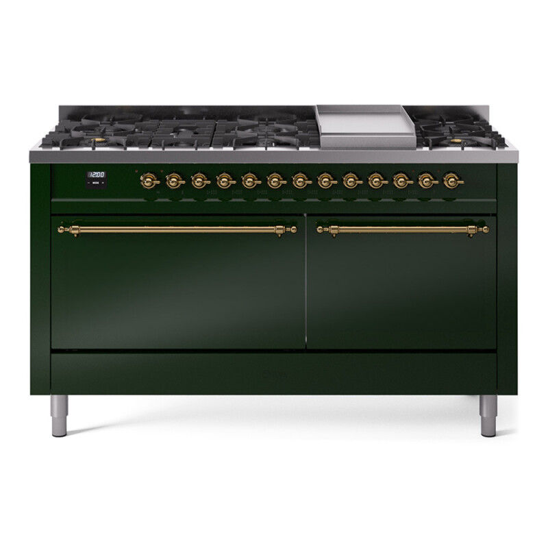 Nostalgie II 60 UP60FQNMPEGG Freestanding Dual Fuel Range with 9 Sealed Burners with Griddle Double Oven with Solid Door with Brass knobs UP60FQNMPEGGLP