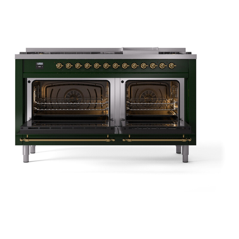 Nostalgie II 60 UP60FQNMPEGG Freestanding Dual Fuel Range with 9 Sealed Burners with Griddle Double Oven with Solid Door with Brass knobs UP60FQNMPEGGLP