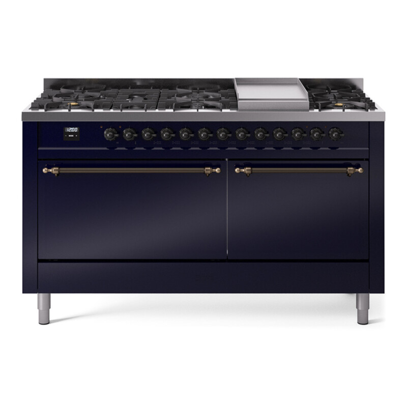 Nostalgie II 60 UP60FQNMPMBB Freestanding Dual Fuel Range with 9 Sealed Burners with Griddle Double Oven with Solid Door with Bronze knobs UP60FQNMPMBB