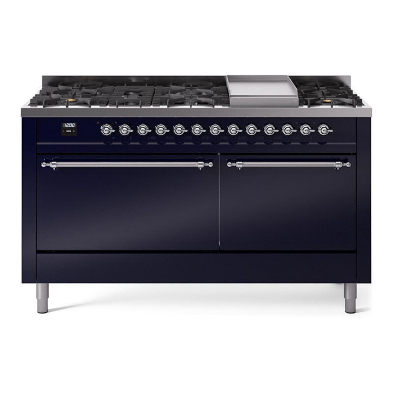 Nostalgie II 60 UP60FQNMPMBC Freestanding Dual Fuel Range with 9 Sealed Burners with Griddle Double Oven with Solid Door with Chrome knobs UP60FQNMPMBC