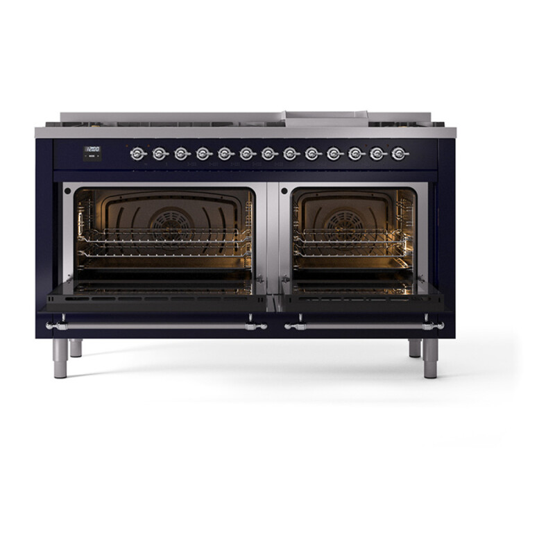 Nostalgie II 60 UP60FQNMPMBC Freestanding Dual Fuel Range with 9 Sealed Burners with Griddle Double Oven with Solid Door with Chrome knobs UP60FQNMPMBCLP