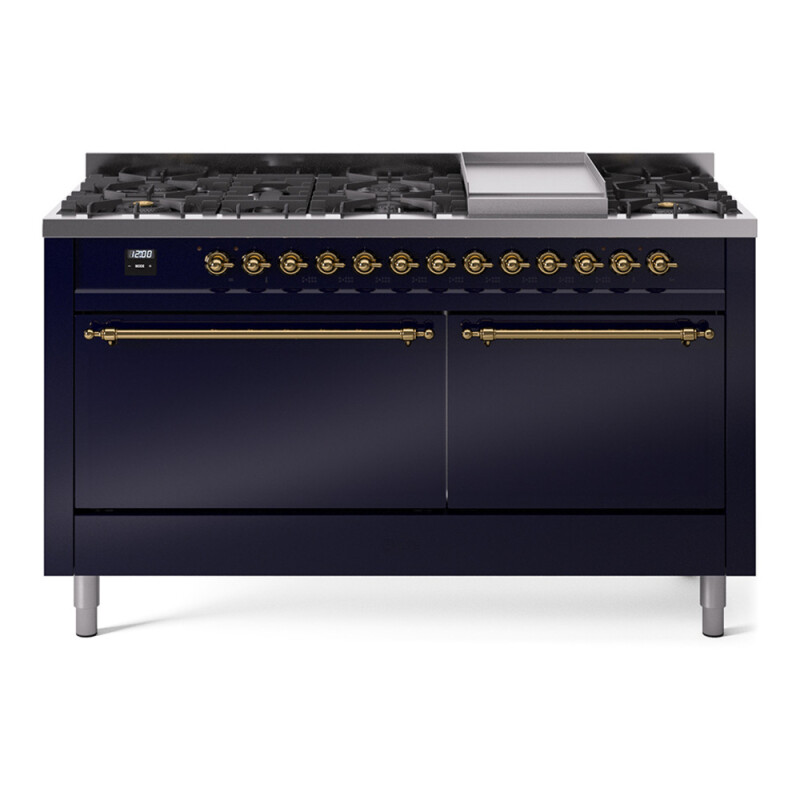 Nostalgie II 60 UP60FQNMPMBG Freestanding Dual Fuel Range with 9 Sealed Burners with Griddle Double Oven with Solid Door with Brass knobs UP60FQNMPMBGLP