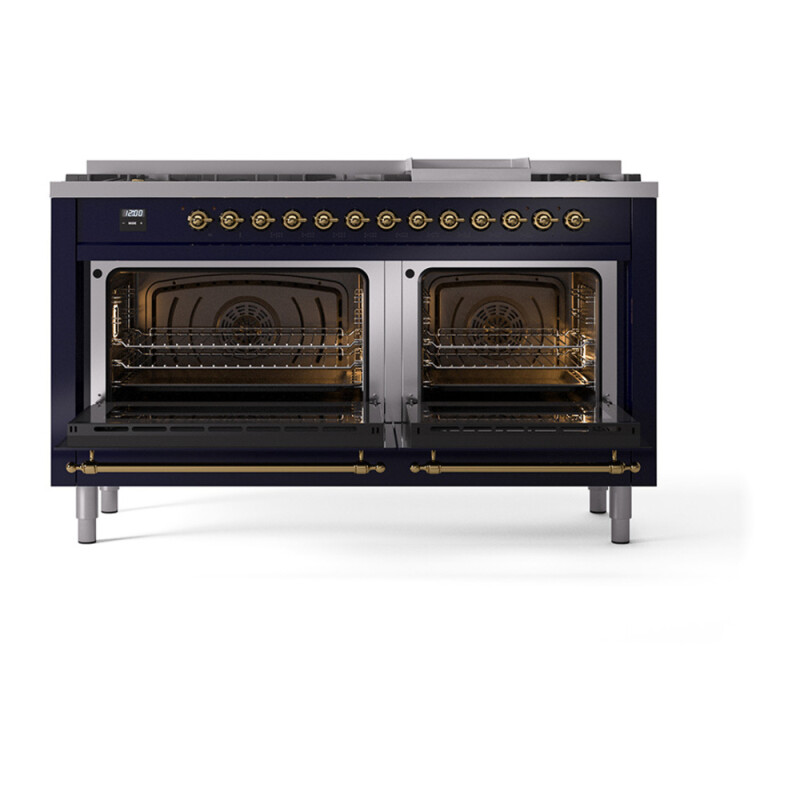 Nostalgie II 60 UP60FQNMPMBG Freestanding Dual Fuel Range with 9 Sealed Burners with Griddle Double Oven with Solid Door with Brass knobs UP60FQNMPMBGLP