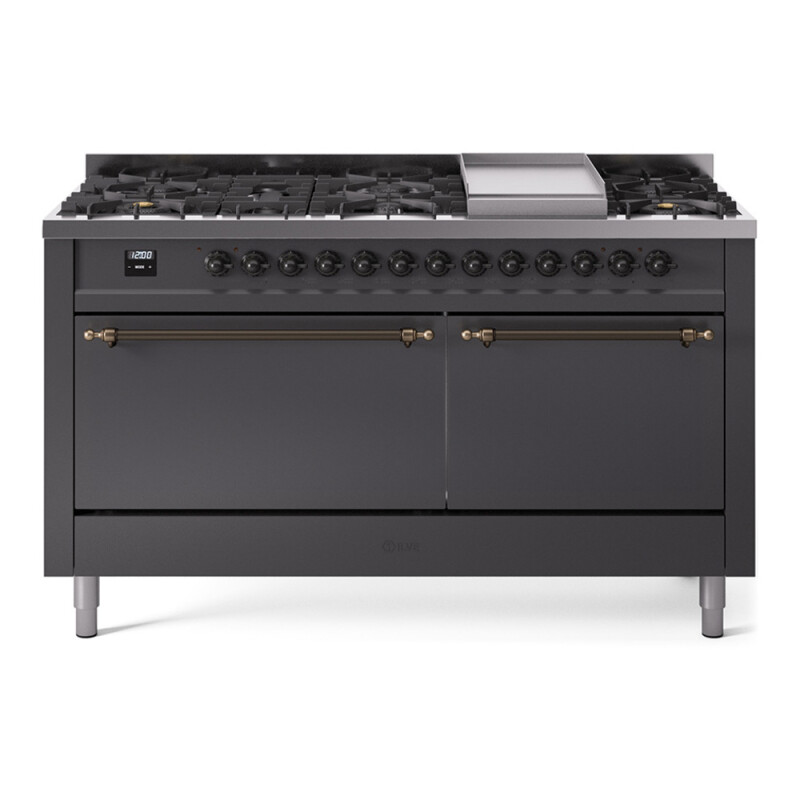 Nostalgie II 60 UP60FQNMPMGB Freestanding Dual Fuel Range with 9 Sealed Burners with Griddle Double Oven with Solid Door with Bronze knobs UP60FQNMPMGB