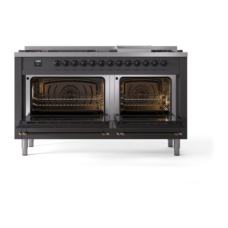 Nostalgie II 60 UP60FQNMPMGB Freestanding Dual Fuel Range with 9 Sealed Burners with Griddle Double Oven with Solid Door with Bronze knobs UP60FQNMPMGB