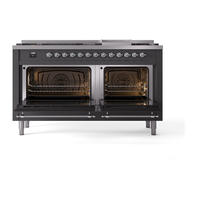 Nostalgie II 60 UP60FQNMPMGC Freestanding Dual Fuel Range with 9 Sealed Burners with Griddle Double Oven with Solid Door with Chrome knobs UP60FQNMPMGC