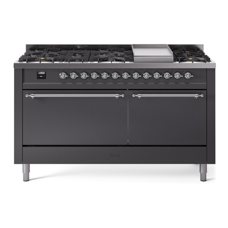 Nostalgie II 60 UP60FQNMPMGC Freestanding Dual Fuel Range with 9 Sealed Burners with Griddle Double Oven with Solid Door with Chrome knobs UP60FQNMPMGCLP