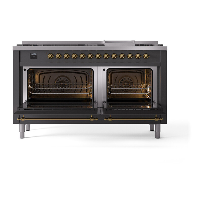 Nostalgie II 60 UP60FQNMPMGG Freestanding Dual Fuel Range with 9 Sealed Burners with Griddle Double Oven with Solid Door with Brass knobs UP60FQNMPMGG