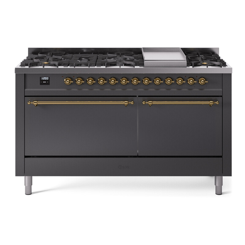 Nostalgie II 60 UP60FQNMPMGG Freestanding Dual Fuel Range with 9 Sealed Burners with Griddle Double Oven with Solid Door with Brass knobs UP60FQNMPMGGLP