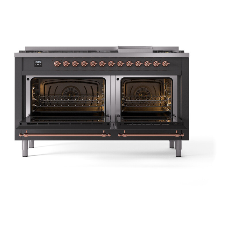 Nostalgie II 60 UP60FQNMPMGP Freestanding Dual Fuel Range with 9 Sealed Burners with Griddle Double Oven with Solid Door with Copper knobs UP60FQNMPMGP