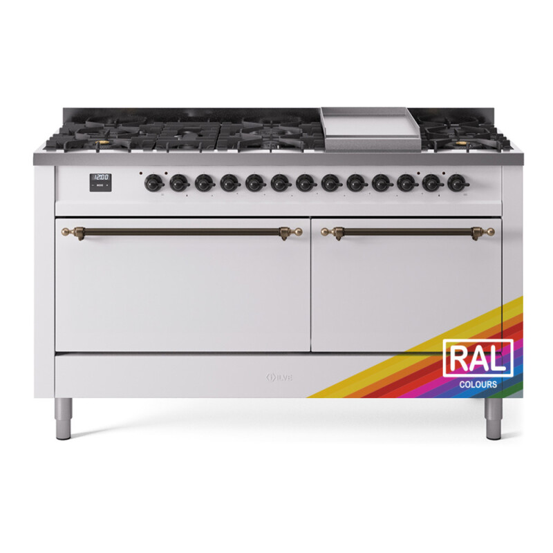 Nostalgie II 60 UP60FQNMPRAB Freestanding Dual Fuel Range with 9 Sealed Burners with Griddle Double Oven with Solid Door with Bronze knobs UP60FQNMPRABLP