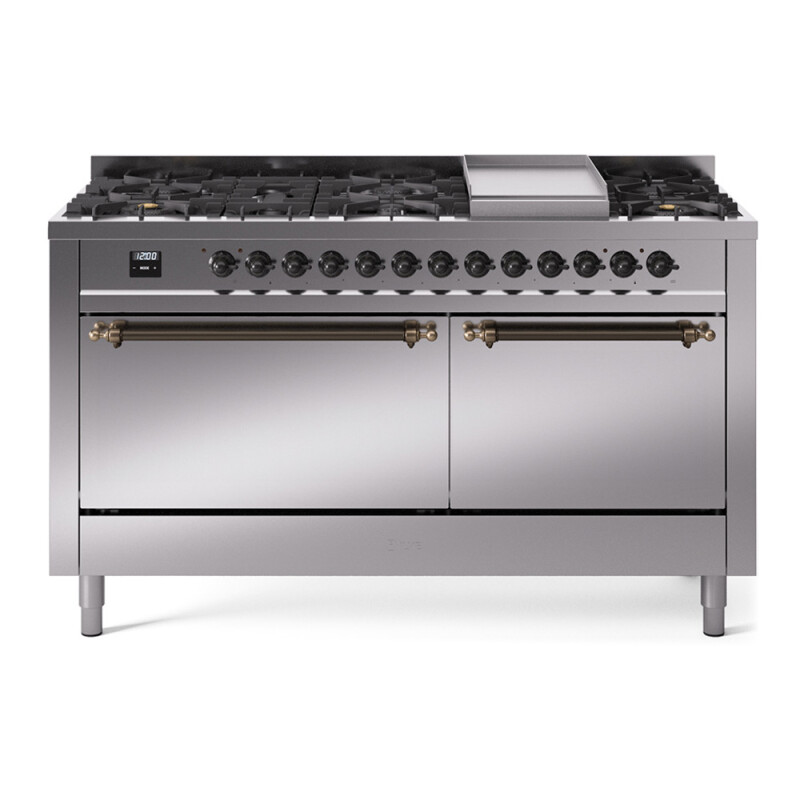 Nostalgie II 60 UP60FQNMPSSB Freestanding Dual Fuel Range with 9 Sealed Burners with Griddle Double Oven with Solid Door with Bronze knobs UP60FQNMPSSBLP