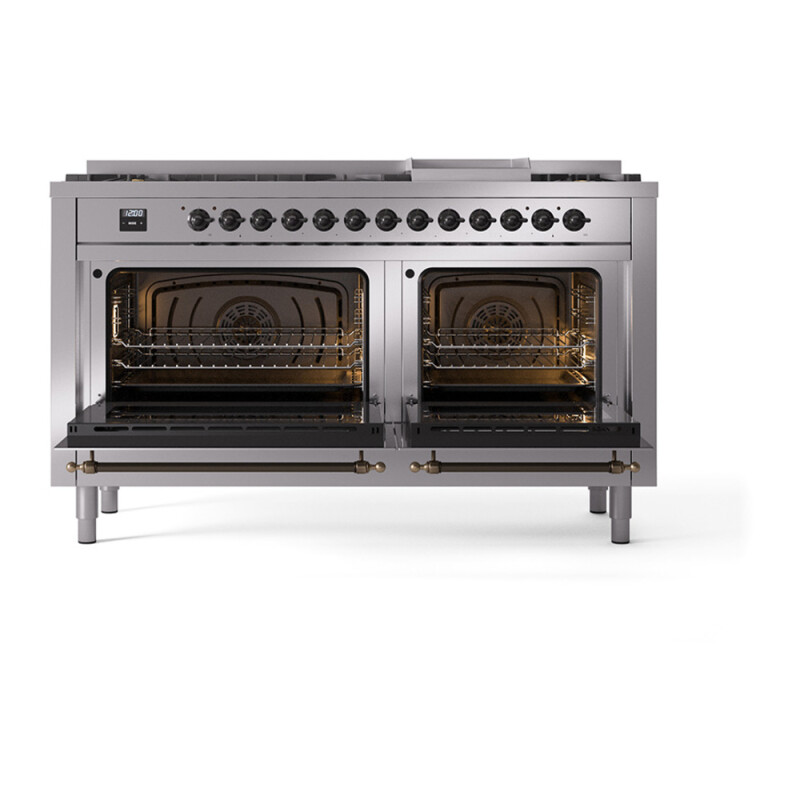 Nostalgie II 60 UP60FQNMPSSB Freestanding Dual Fuel Range with 9 Sealed Burners with Griddle Double Oven with Solid Door with Bronze knobs UP60FQNMPSSBLP