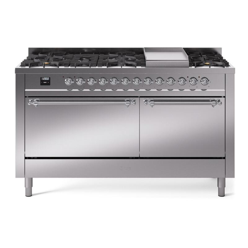 Nostalgie II 60 UP60FQNMPSSC Freestanding Dual Fuel Range with 9 Sealed Burners with Griddle Double Oven with Solid Door with Chrome knobs UP60FQNMPSSCLP