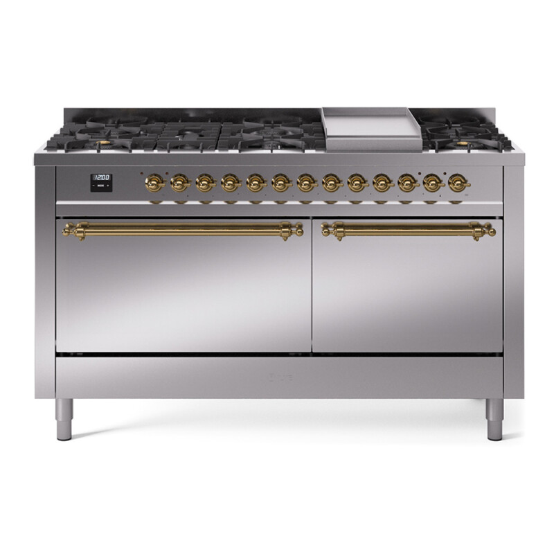 Nostalgie II 60 UP60FQNMPSSG Freestanding Dual Fuel Range with 9 Sealed Burners with Griddle Double Oven with Solid Door with Brass knobs UP60FQNMPSSGLP