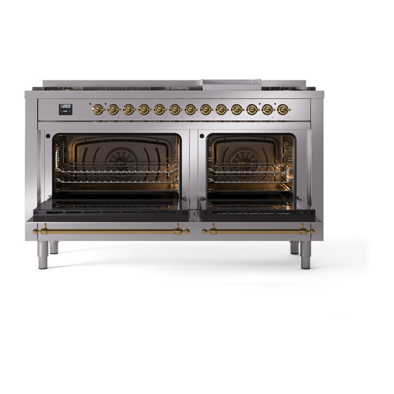 Nostalgie II 60 UP60FQNMPSSG Freestanding Dual Fuel Range with 9 Sealed Burners with Griddle Double Oven with Solid Door with Brass knobs UP60FQNMPSSGLP
