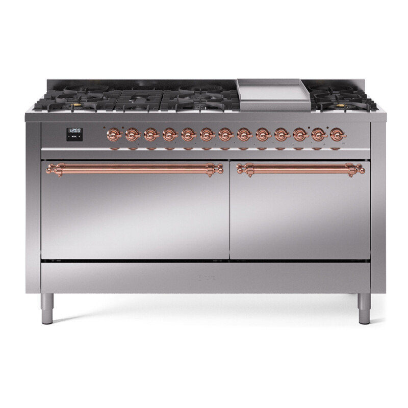 Nostalgie II 60 UP60FQNMPSSP Freestanding Dual Fuel Range with 9 Sealed Burners with Griddle Double Oven with Solid Door with Copper knobs UP60FQNMPSSP