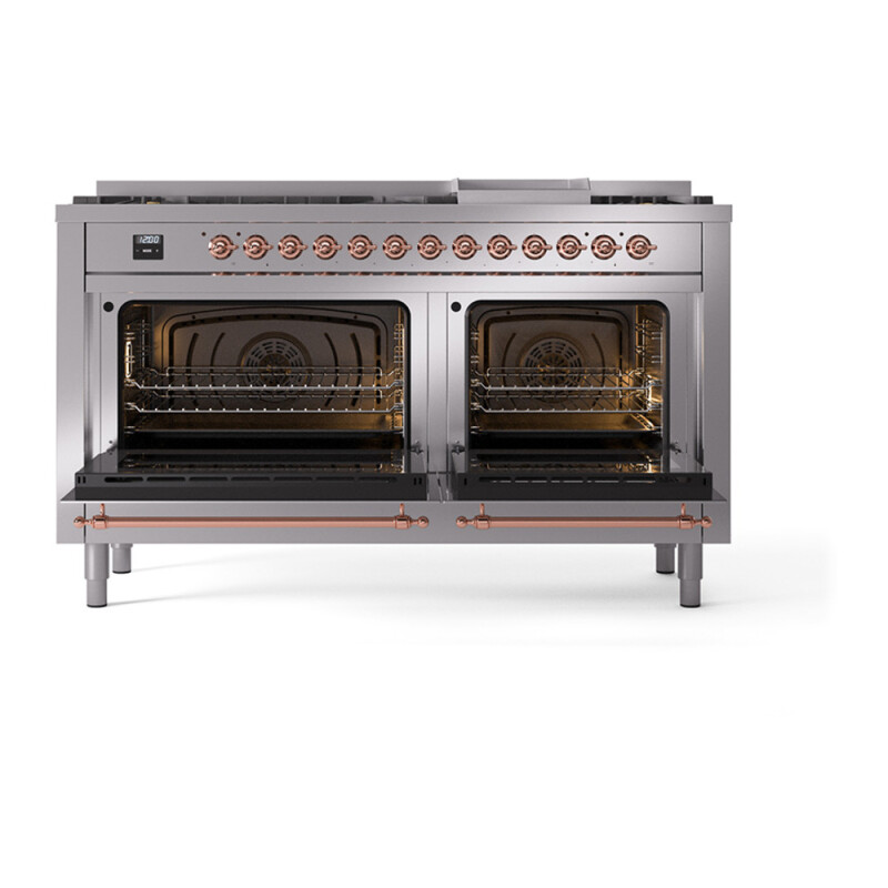 Nostalgie II 60 UP60FQNMPSSP Freestanding Dual Fuel Range with 9 Sealed Burners with Griddle Double Oven with Solid Door with Copper knobs UP60FQNMPSSP