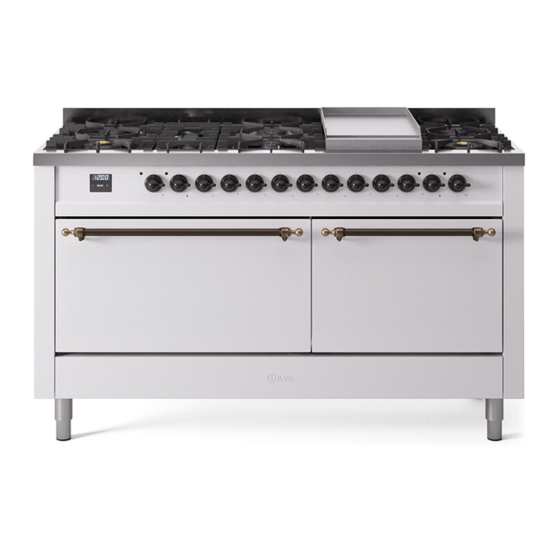 Nostalgie II 60 UP60FQNMPWHB Freestanding Dual Fuel Range with 9 Sealed Burners with Griddle Double Oven with Solid Door with Bronze knobs UP60FQNMPWHB