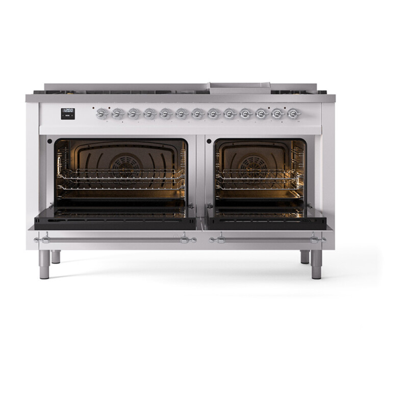 Nostalgie II 60 UP60FQNMPWHC Freestanding Dual Fuel Range with 9 Sealed Burners with Griddle Double Oven with Solid Door with Chrome knobs UP60FQNMPWHC