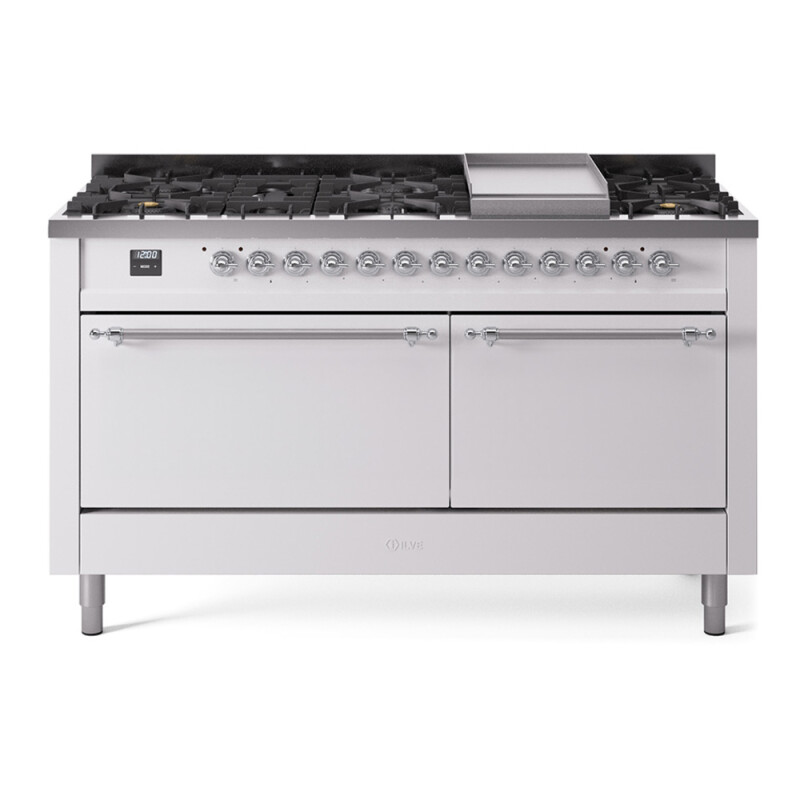 Nostalgie II 60 UP60FQNMPWHC Freestanding Dual Fuel Range with 9 Sealed Burners with Griddle Double Oven with Solid Door with Chrome knobs UP60FQNMPWHCLP