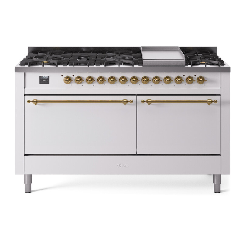 Nostalgie II 60 UP60FQNMPWHG Freestanding Dual Fuel Range with 9 Sealed Burners with Griddle Double Oven with Solid Door with Brass knobs UP60FQNMPWHG