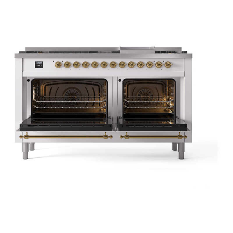 Nostalgie II 60 UP60FQNMPWHG Freestanding Dual Fuel Range with 9 Sealed Burners with Griddle Double Oven with Solid Door with Brass knobs UP60FQNMPWHGLP