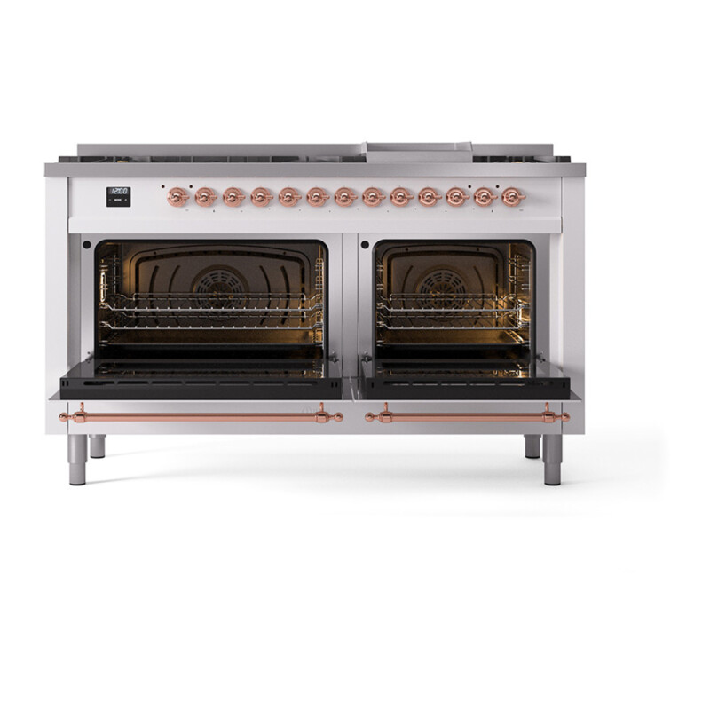 Nostalgie II 60 UP60FQNMPWHP Freestanding Dual Fuel Range with 9 Sealed Burners with Griddle Double Oven with Solid Door with Copper knobs UP60FQNMPWHP