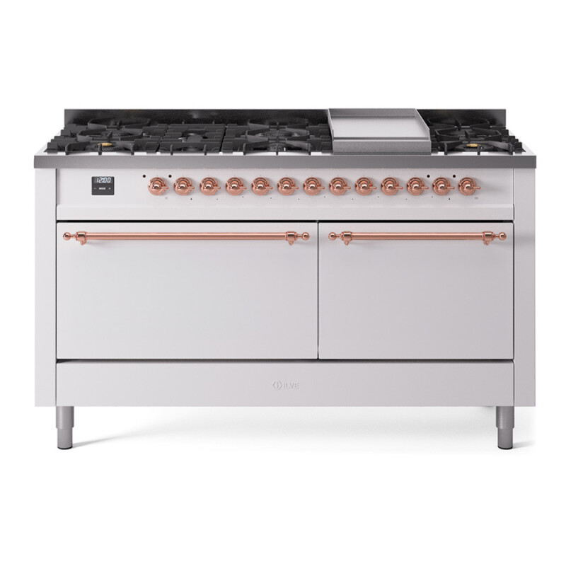 Nostalgie II 60 UP60FQNMPWHP Freestanding Dual Fuel Range with 9 Sealed Burners with Griddle Double Oven with Solid Door with Copper knobs UP60FQNMPWHPLP