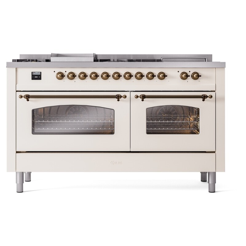 Nostalgie II 60 UP60FSNMPAWB Freestanding Dual Fuel Range with 7 Sealed Burners with Griddle and French Top Double Oven with Triple Glass Door with Bronze knobs UP60FSNMPAWBLP
