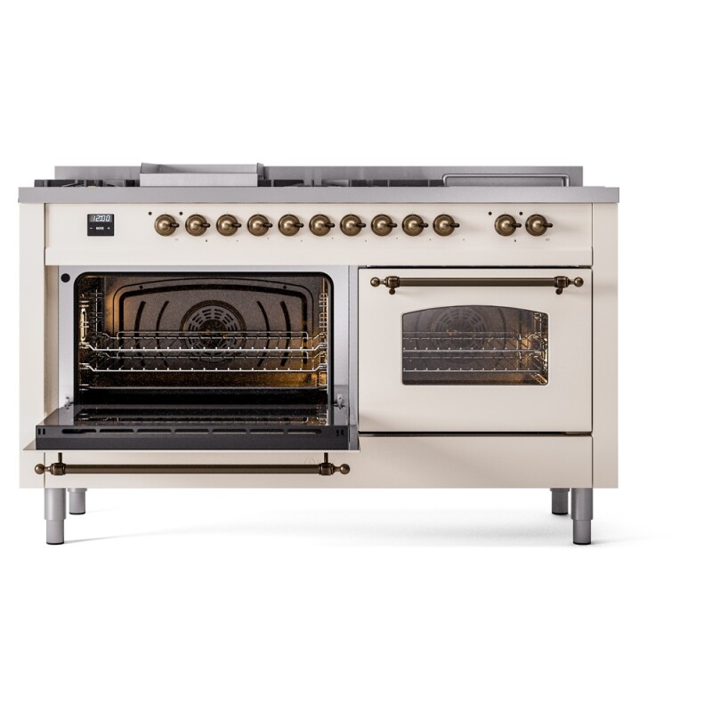Nostalgie II 60 UP60FSNMPAWB Freestanding Dual Fuel Range with 7 Sealed Burners with Griddle and French Top Double Oven with Triple Glass Door with Bronze knobs UP60FSNMPAWBLP
