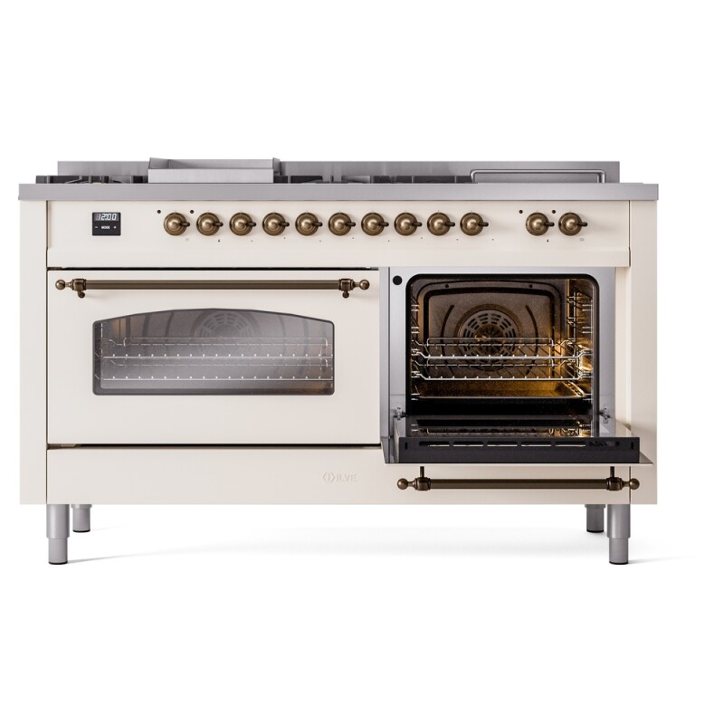 Nostalgie II 60 UP60FSNMPAWB Freestanding Dual Fuel Range with 7 Sealed Burners with Griddle and French Top Double Oven with Triple Glass Door with Bronze knobs UP60FSNMPAWBLP