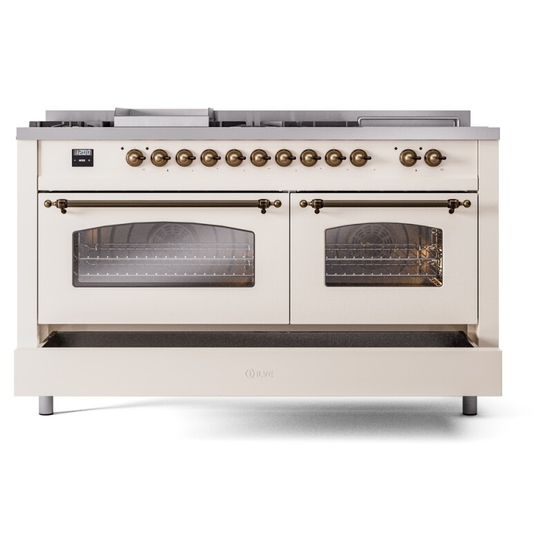 Nostalgie II 60 UP60FSNMPAWB Freestanding Dual Fuel Range with 7 Sealed Burners with Griddle and French Top Double Oven with Triple Glass Door with Bronze knobs UP60FSNMPAWBLP