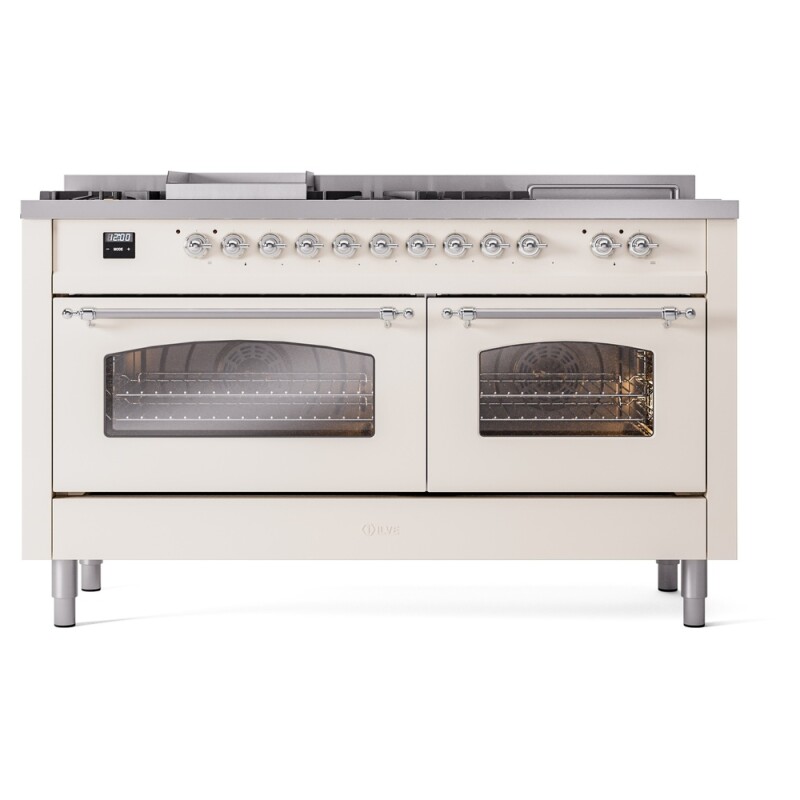 Nostalgie II 60 UP60FSNMPAWC Freestanding Dual Fuel Range with 7 Sealed Burners with Griddle and French Top Double Oven with Triple Glass Door with Chrome knobs UP60FSNMPAWCLP