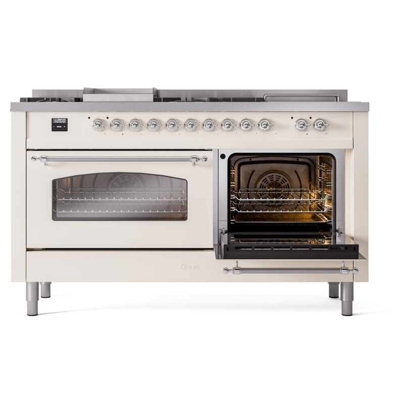 Nostalgie II 60 UP60FSNMPAWC Freestanding Dual Fuel Range with 7 Sealed Burners with Griddle and French Top Double Oven with Triple Glass Door with Chrome knobs UP60FSNMPAWCLP