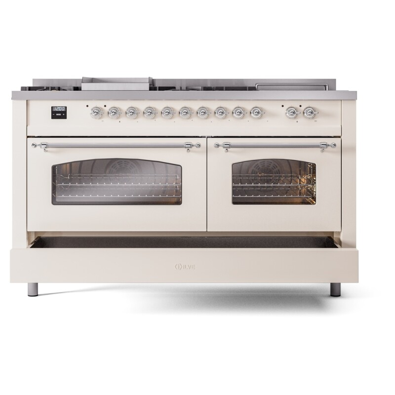Nostalgie II 60 UP60FSNMPAWC Freestanding Dual Fuel Range with 7 Sealed Burners with Griddle and French Top Double Oven with Triple Glass Door with Chrome knobs UP60FSNMPAWCLP