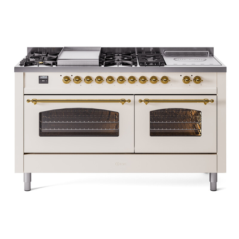 Nostalgie II 60 UP60FSNMPAWG Freestanding Dual Fuel Range with 7 Sealed Burners with Griddle and French Top Double Oven with Triple Glass Door with Brass knobs UP60FSNMPAWG