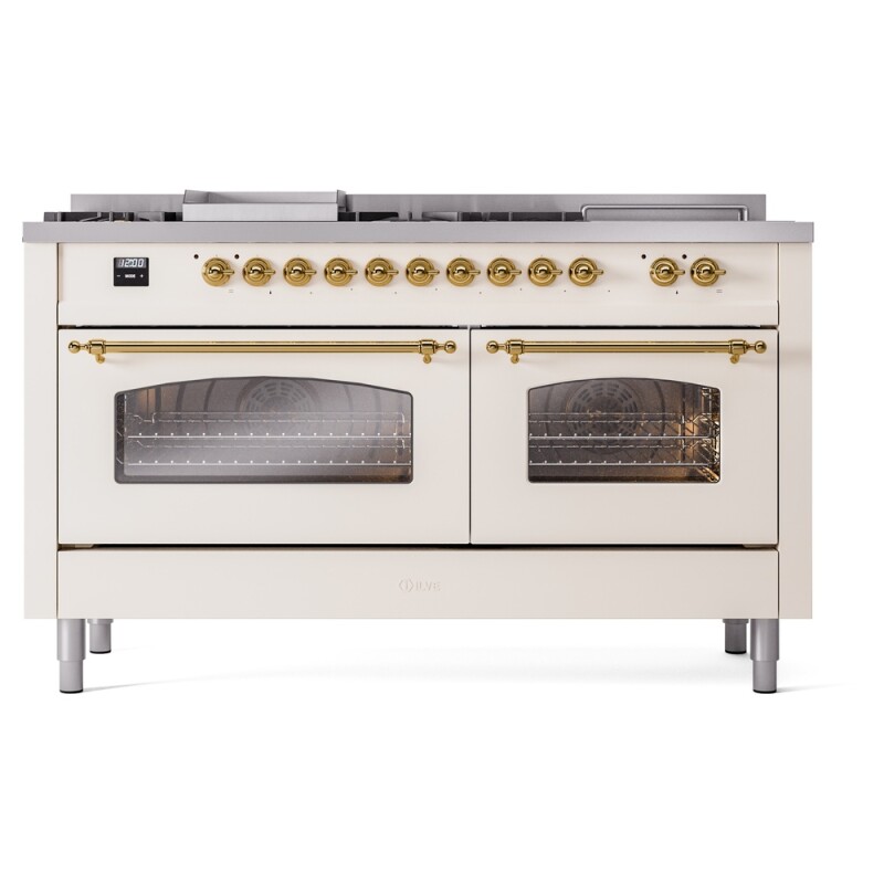 Nostalgie II 60 UP60FSNMPAWG Freestanding Dual Fuel Range with 7 Sealed Burners with Griddle and French Top Double Oven with Triple Glass Door with Brass knobs UP60FSNMPAWG