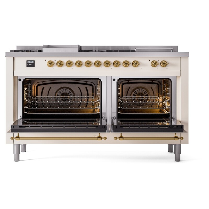 Nostalgie II 60 UP60FSNMPAWG Freestanding Dual Fuel Range with 7 Sealed Burners with Griddle and French Top Double Oven with Triple Glass Door with Brass knobs UP60FSNMPAWG
