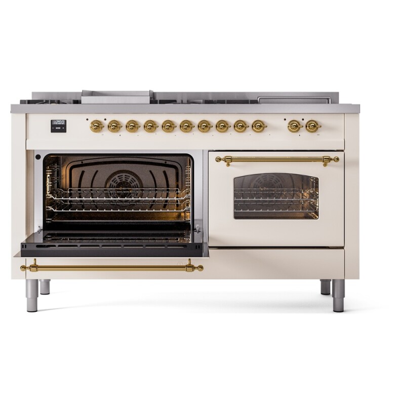 Nostalgie II 60 UP60FSNMPAWG Freestanding Dual Fuel Range with 7 Sealed Burners with Griddle and French Top Double Oven with Triple Glass Door with Brass knobs UP60FSNMPAWG