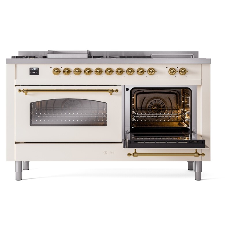 Nostalgie II 60 UP60FSNMPAWG Freestanding Dual Fuel Range with 7 Sealed Burners with Griddle and French Top Double Oven with Triple Glass Door with Brass knobs UP60FSNMPAWG