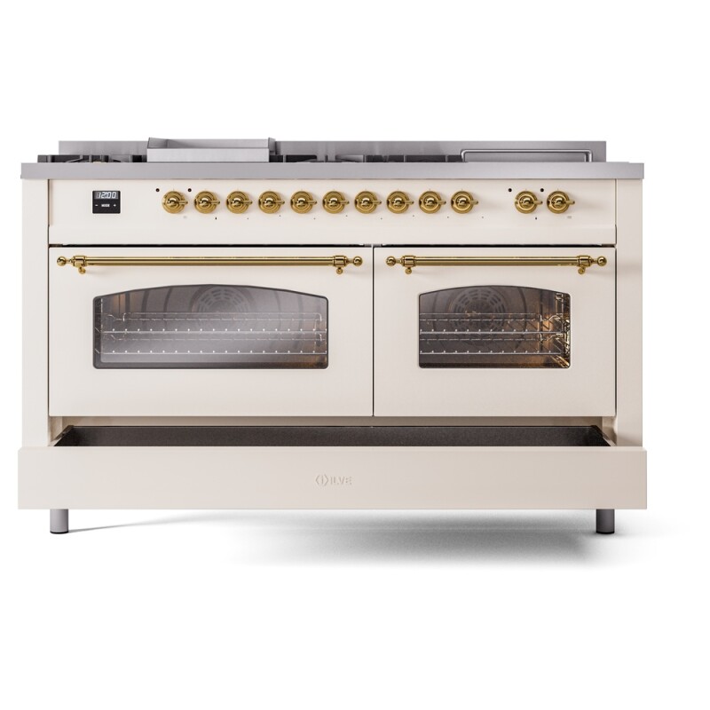 Nostalgie II 60 UP60FSNMPAWG Freestanding Dual Fuel Range with 7 Sealed Burners with Griddle and French Top Double Oven with Triple Glass Door with Brass knobs UP60FSNMPAWG