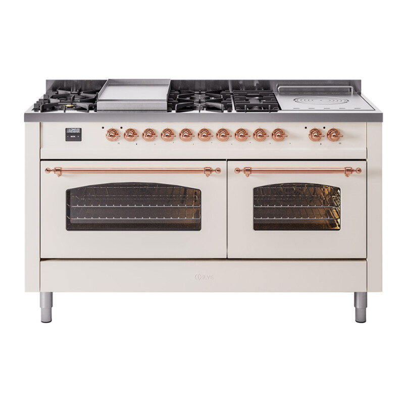 Nostalgie II 60 UP60FSNMPAWP Freestanding Dual Fuel Range with 7 Sealed Burners with Griddle and French Top Double Oven with Triple Glass Door with Copper knobs UP60FSNMPAWP