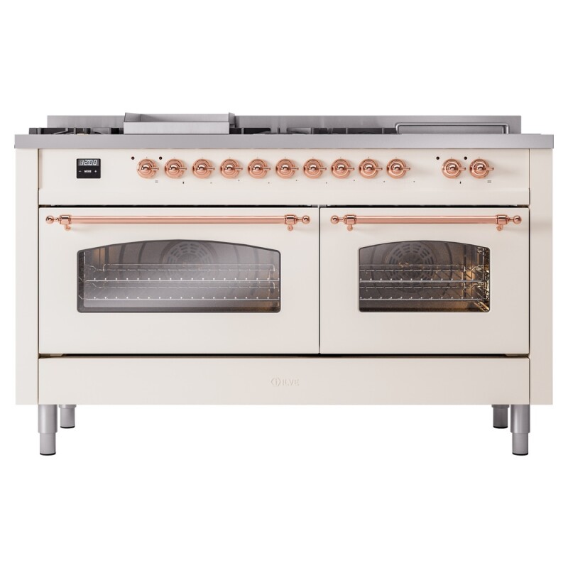 Nostalgie II 60 UP60FSNMPAWP Freestanding Dual Fuel Range with 7 Sealed Burners with Griddle and French Top Double Oven with Triple Glass Door with Copper knobs UP60FSNMPAWP