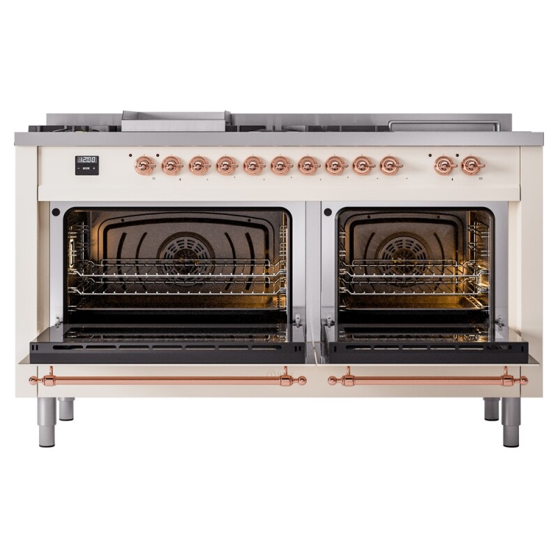 Nostalgie II 60 UP60FSNMPAWP Freestanding Dual Fuel Range with 7 Sealed Burners with Griddle and French Top Double Oven with Triple Glass Door with Copper knobs UP60FSNMPAWP