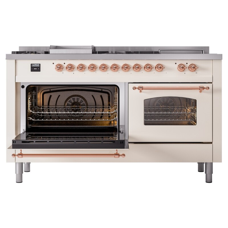 Nostalgie II 60 UP60FSNMPAWP Freestanding Dual Fuel Range with 7 Sealed Burners with Griddle and French Top Double Oven with Triple Glass Door with Copper knobs UP60FSNMPAWPLP